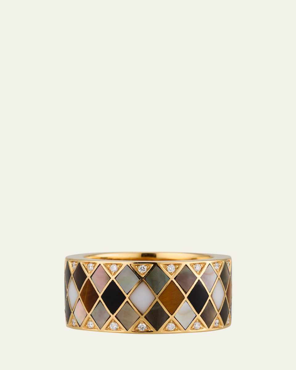 18K Yellow Gold Temple Tile Cigar Band with Tiger's Eye, Onyx, Mother of Pearl and Diamonds, Size
